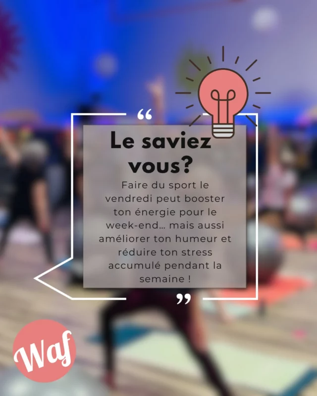 💡 Le saviez-vous ?
Faire du sport le vendredi peut booster ton énergie pour le week-end… mais aussi améliorer ton humeur et réduire ton stress accumulé pendant la semaine !

👉 Astuce du jour : même une séance courte de 20–30 minutes peut :

Augmenter ton énergie de +30% ⚡

Améliorer ta concentration 🧠

Te faire sourire plus longtemps 😄

Alors, prêt(e) à terminer la semaine en force et en bonne humeur ?

#lesaviezvous #fitnessfacts #vendredienergy #wafamily #boostweekend